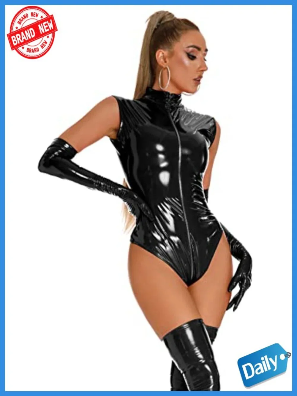 Women Shiny Metallic Sleeveless Bodysuit Leotard Jumpsuit Club Party Cosplay